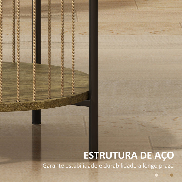 Mesa Auxiliar Redonda de 2 Níveis Mesa Auxiliar Boémia com Prateleira e Estrutura em Aço para Sala de Estar Quarto 43,5x43,5x51 cm Madeira e Preto