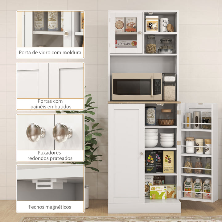 Armário de Cozinha Armário Alto de Cozinha Móvel Auxiliar de Cozinha com 3 Portas Prateleiras Ajustáveis e Prateleiras na Porta para Sala de Jantar 60x35x169 cm Branco