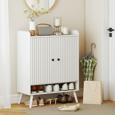 Sapateira de 2 Portas em Ripas Sapateira para Entrada com Prateleiras Ajustáveis Compartimento Aberto para 15 Pares de Sapatos 75x35x97 cm Branco