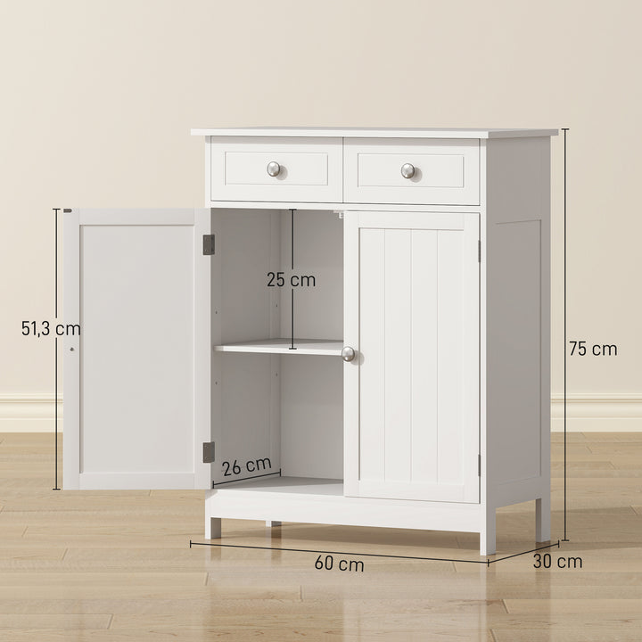 Armário Auxiliar Casa de Banho Móvel Auxiliar de Casa de Banho com 2 Gavetas 2 Portas e Prateleira Ajustável Estilo Moderno para Duche Dormitório 60x30x75cm Branco