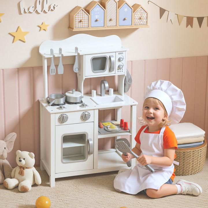 Cozinha de Brincar em Madeira com Som Cozinha Infantil com Acessórios Lava-Loiças Micro-Ondas e Fogão Brinquedos para Crianças a Partir de 3 Anos 55x24x86 cm Branco