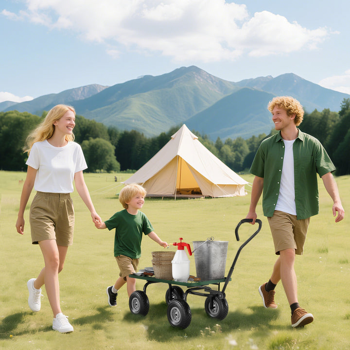 Carro de Transporte com Pega Revestida e 4 Rodas Grandes de Ø24 cm Carrinho de Jardim em Aço Capacidade 150 kg 94x48,5x100 cm Preto e Verde