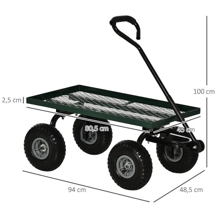 Carro de Transporte com Pega Revestida e 4 Rodas Grandes de Ø24 cm Carrinho de Jardim em Aço Capacidade 150 kg 94x48,5x100 cm Preto e Verde