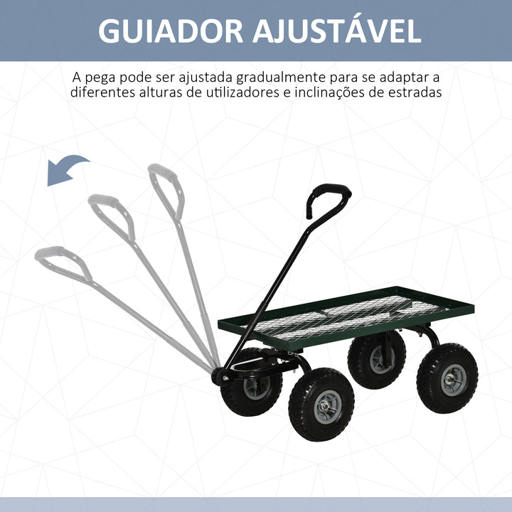 Carro de Transporte com Pega Revestida e 4 Rodas Grandes de Ø24 cm Carrinho de Jardim em Aço Capacidade 150 kg 94x48,5x100 cm Preto e Verde