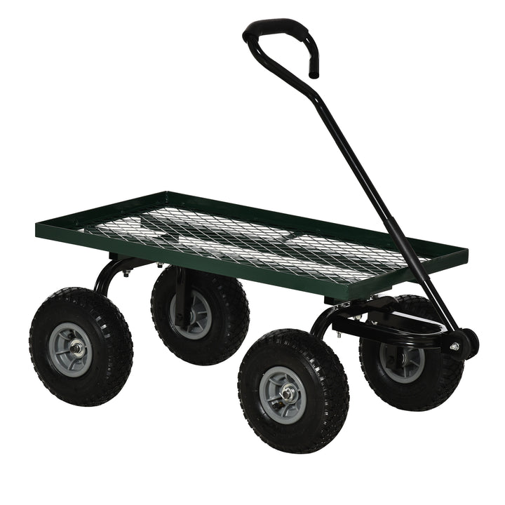 Carro de Transporte com Pega Revestida e 4 Rodas Grandes de Ø24 cm Carrinho de Jardim em Aço Capacidade 150 kg 94x48,5x100 cm Preto e Verde