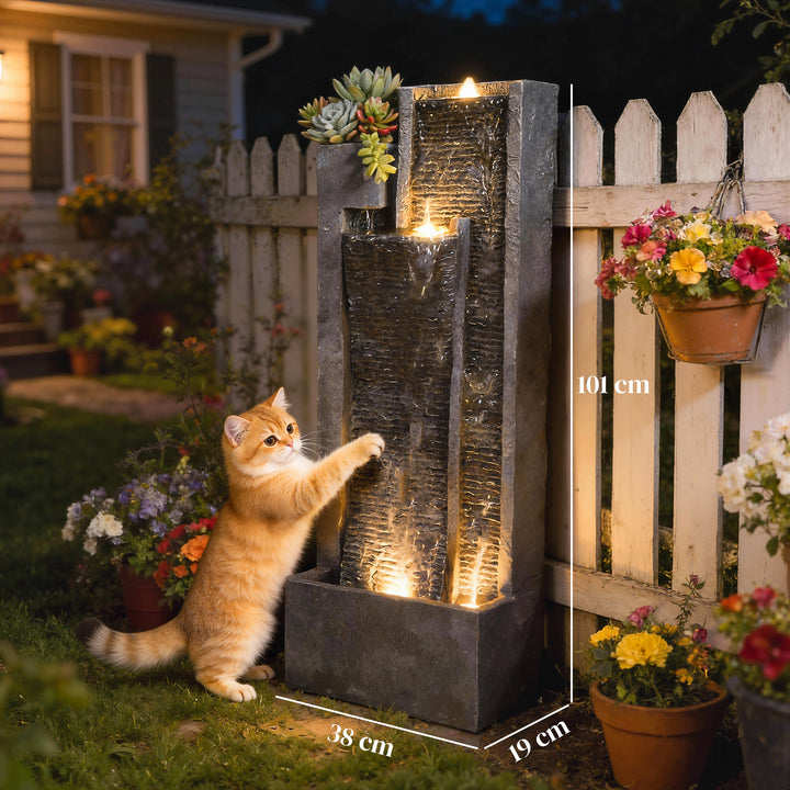 Fonte de Água Decorativa com Iluminação LED e Vaso Fonte de Jardim Exterior em Cascata de 3 Níveis com Bomba Resistente à Intempérie para Jardim Pátio 38x19x101?cm Cinzento Escuro
