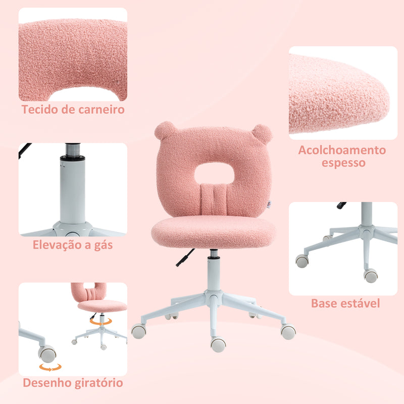 Cadeira de Secretária de Carneirinho Cadeira Infantil Giratória com Assento Ajustável em Altura e Encosto em Forma de Urso Capacidade 120 kg 50x56x80-90 cm Rosa