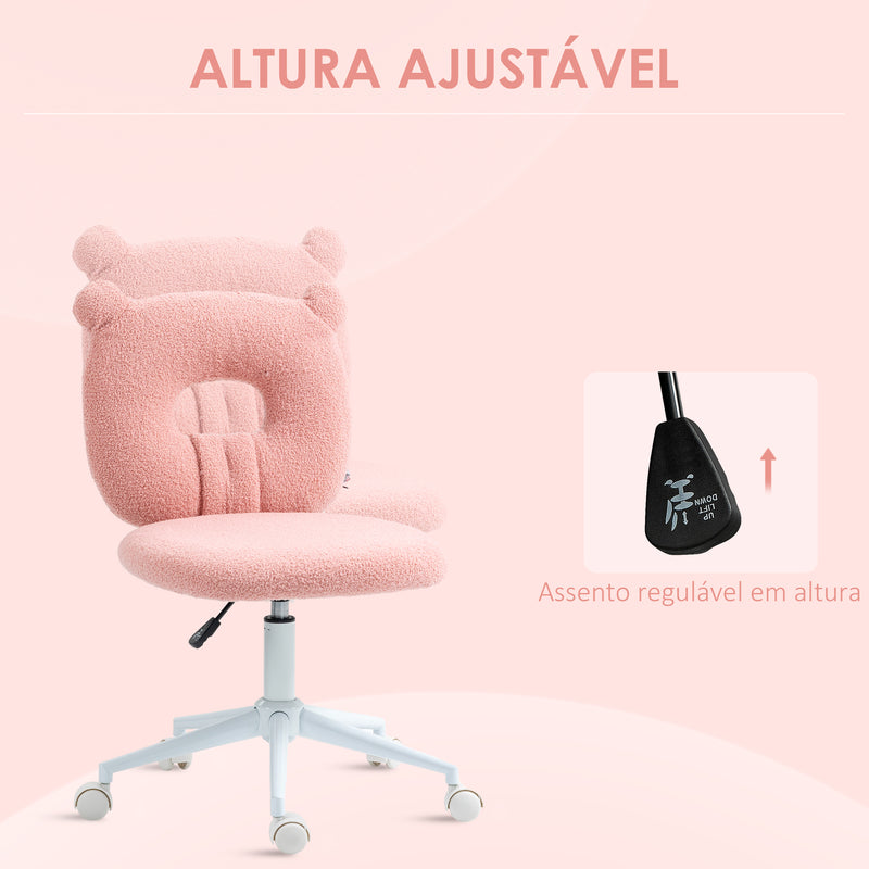 Cadeira de Secretária de Carneirinho Cadeira Infantil Giratória com Assento Ajustável em Altura e Encosto em Forma de Urso Capacidade 120 kg 50x56x80-90 cm Rosa