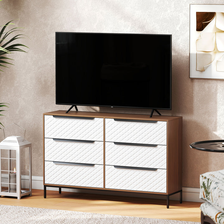 Cómoda com 6 Gavetas de Tecido Cómoda para Quarto Frentes com Padrão de Diamante Móvel de Arrumação para Sala de Estar Escritório Closet 117,5x30x73,5 cm Madeira e Branco