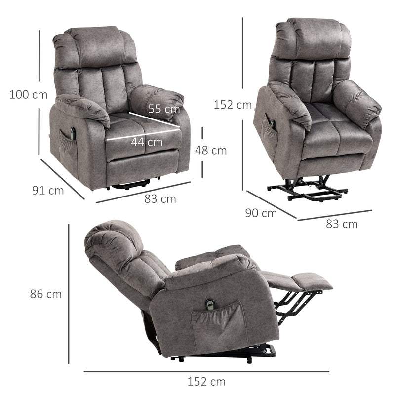 Poltrona Levanta Pessoas Estofada em Veludo com Reclinação Elétrica 135° Controlo Remoto Apoio para os Pés e 2 Bolsos Laterais 83x91x100 cm Cinza