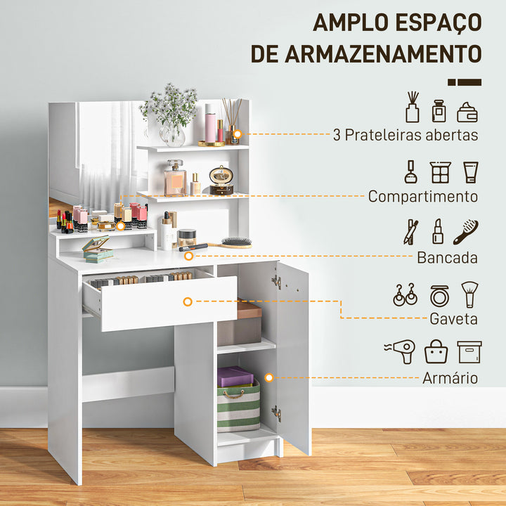 Toucador de Maquilhagem com Banco Mesa de Maquilhagem com Espelho Prateleiras Abertas Gaveta e Prateleira Ajustável Anti-Tombo para Dormitório Branco e Bege