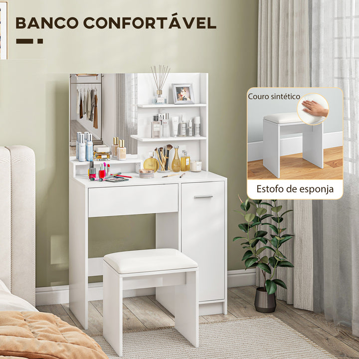 Toucador de Maquilhagem com Banco Mesa de Maquilhagem com Espelho Prateleiras Abertas Gaveta e Prateleira Ajustável Anti-Tombo para Dormitório Branco e Bege