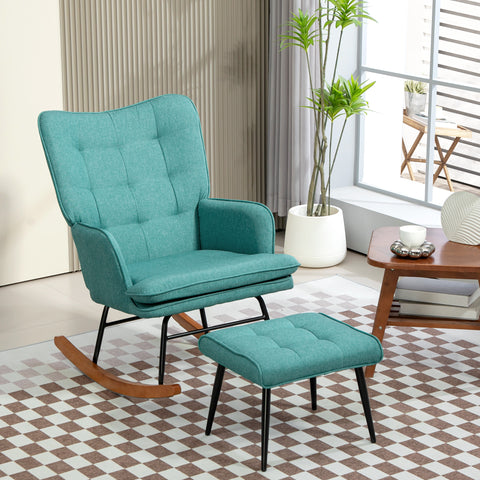 Conjunto de Poltrona Baloiço com Apoio para os Pés Poltrona Relax com Almofada Acolchoada e Anti-Tombo Carga 130 kg Sala de Estar Dormitório 64x89x90 cm Verde