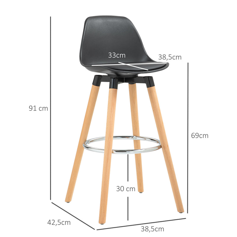 Conjunto de 2 Bancos de Bar Estofado em PU Bancos Altos de Cozinha com Assento de 69 cm e Pés de Madeira para Cozinha Sala de Jantar 38,5x42,5x91 cm Preto