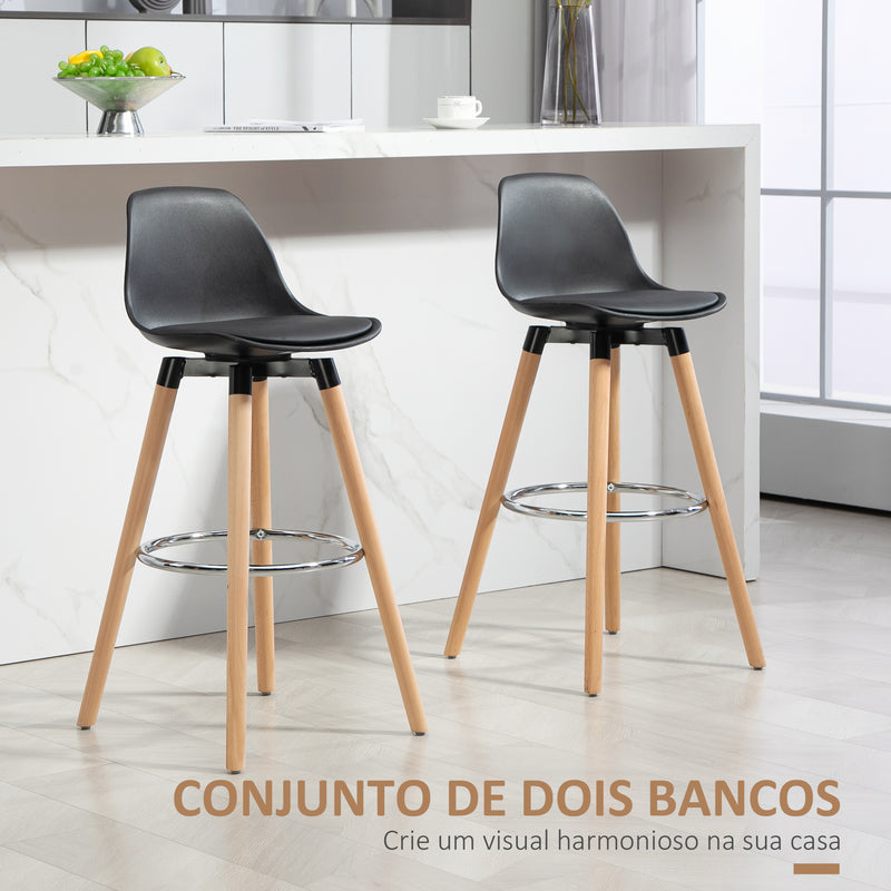 Conjunto de 2 Bancos de Bar Estofado em PU Bancos Altos de Cozinha com Assento de 69 cm e Pés de Madeira para Cozinha Sala de Jantar 38,5x42,5x91 cm Preto