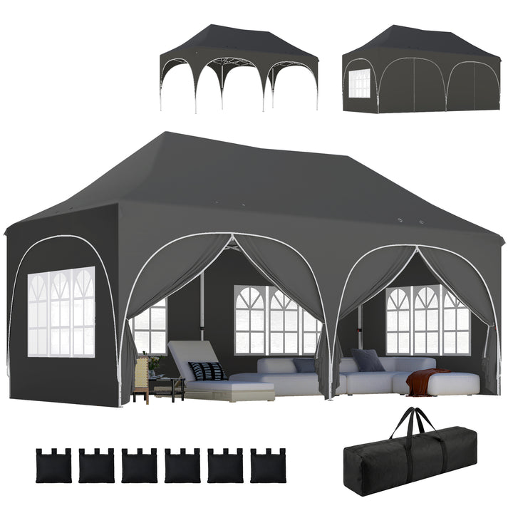 Tenda Dobrável 6x3 m Tenda Pop-up com 6 Laterais Removíveis Altura Ajustável Janelas Bolsa de Transporte UPF30+ Tenda para Campismo Festas Exterior Cinzento Escuro