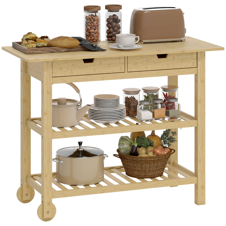 Carrinho Auxiliar com Rodas em Bambu 2 Gavetas 2 Prateleiras de Ripas 100x43x75 cm Madeira