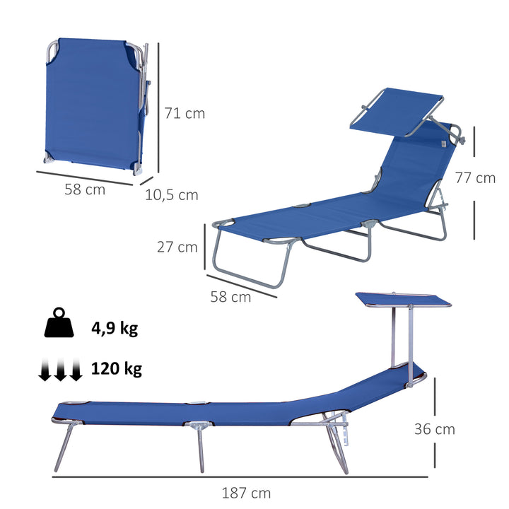 Espreguiçadeira Dobrável de Jardim Reclinável com Toldo Removível e Ângulo Ajustável Encosto Regulável em 4 Níveis para Terraço Piscina Pátio 187x58x36 cm Azul