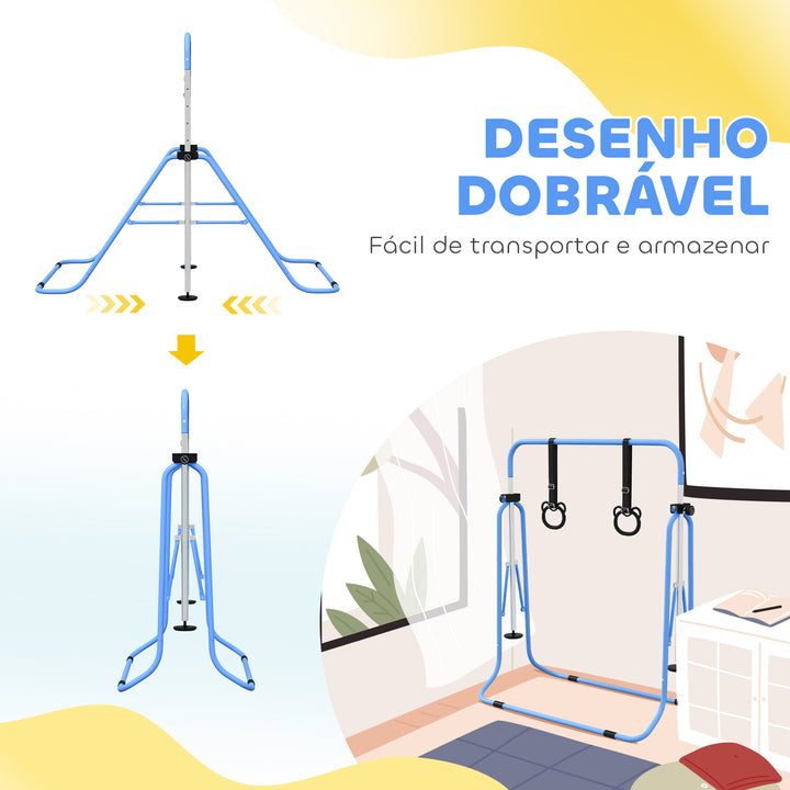 Barra de Ginástica para Crianças com Altura Ajustável em 5 Níveis e Anéis Barra de Treino de Ginástica Dobrável 148x105x88-128 cm Azul