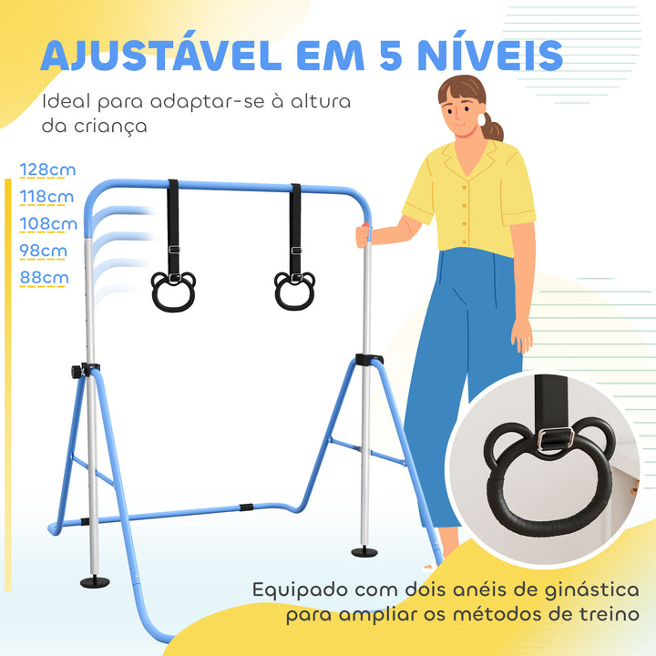 Barra de Ginástica para Crianças com Altura Ajustável em 5 Níveis e Anéis Barra de Treino de Ginástica Dobrável 148x105x88-128 cm Azul