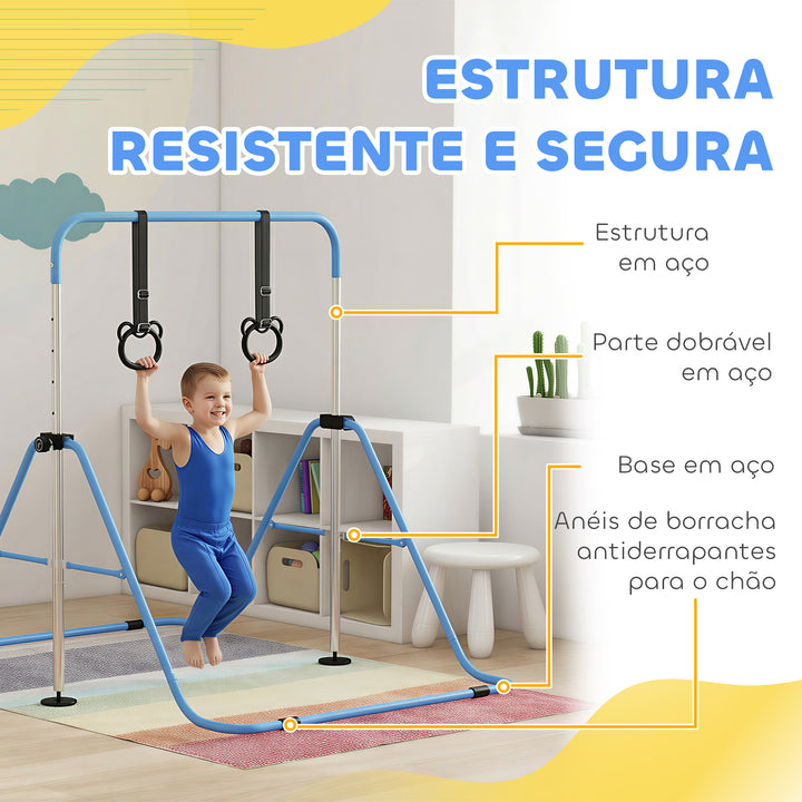 Barra de Ginástica para Crianças com Altura Ajustável em 5 Níveis e Anéis Barra de Treino de Ginástica Dobrável 148x105x88-128 cm Azul
