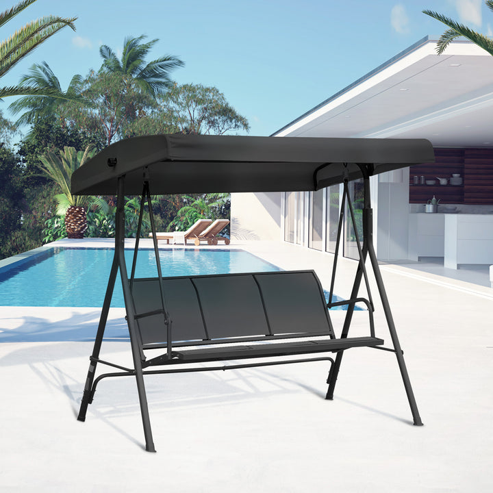 Baloiço de Jardim Exterior de 3 Lugares com Toldo Reclinável Estrutura de Aço e Assento Respirável 175x118x159 cm Preto