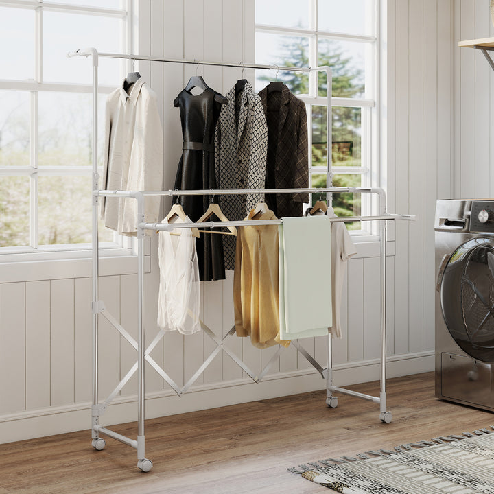 Estendal Vertical Dobrável de 3 Níveis Estendal de Aço Inoxidável com 3 Barras Ajustáveis e Extensíveis 4 Rodas para Interior 104-150x103x145-197 cm Prateado