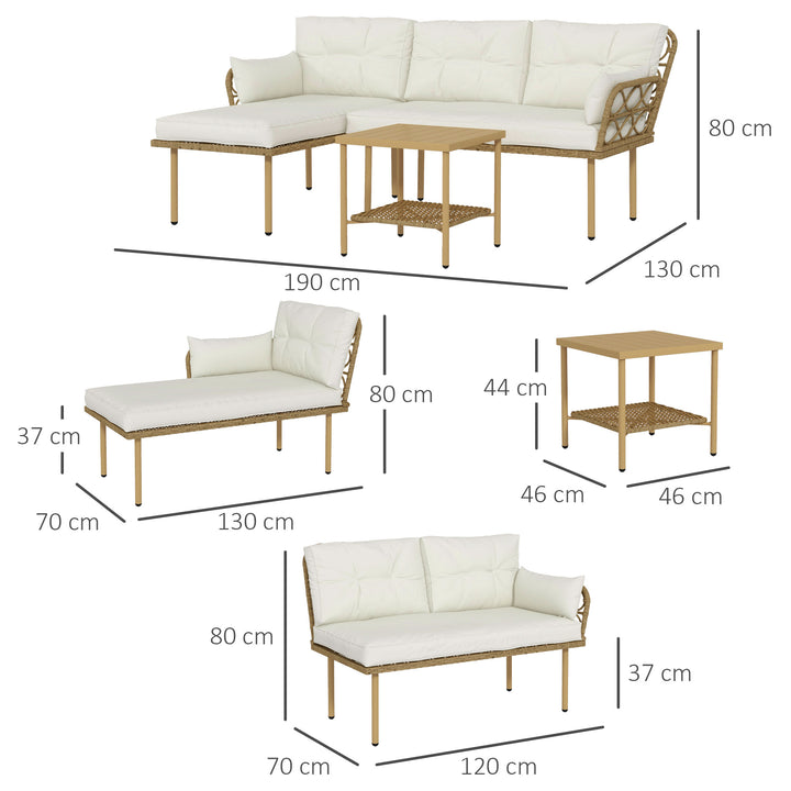Conjunto de Jardim de 3 Peças em Vime Sintético Móveis de Jardim com 1 Sofá de 2 Lugares 1 Sofá de Canto e 1 Mesa de Centro Metálica para Pátio Natural e Creme