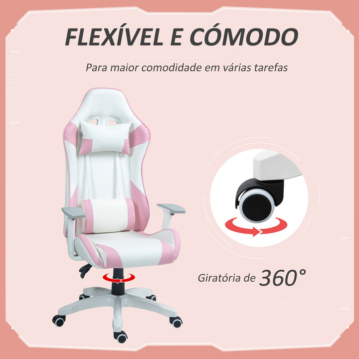 Cadeira Gaming Reclinável Cadeira Gamer Giratória com Almofada Lombar Apoios de Braços Ajustáveis Apoio de Cabeça Basculante e Altura Ajustável para Escritório 67x60x120-128 cm Branco e Rosa