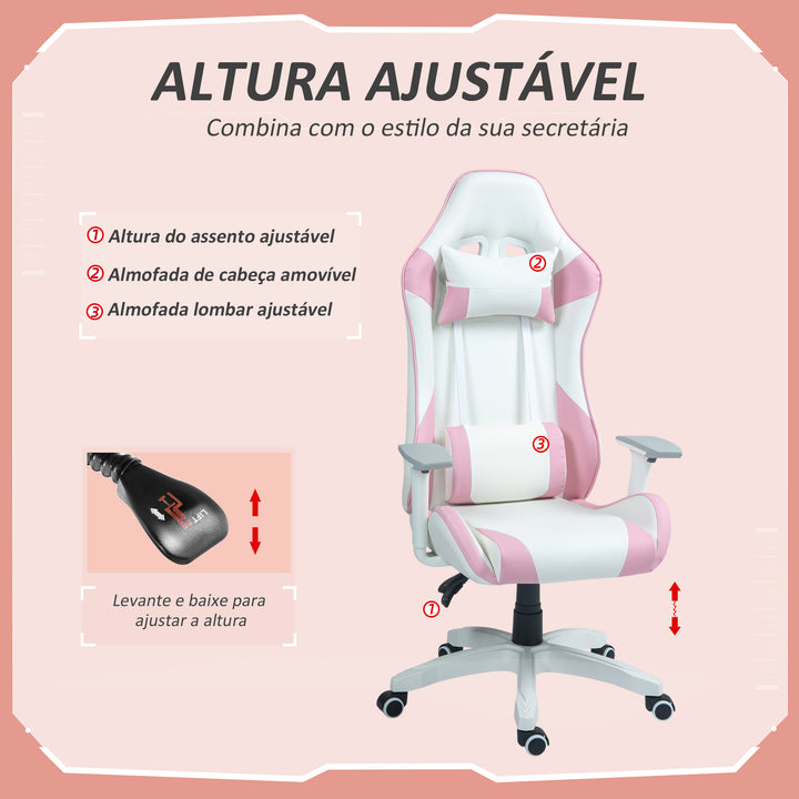 Cadeira Gaming Reclinável Cadeira Gamer Giratória com Almofada Lombar Apoios de Braços Ajustáveis Apoio de Cabeça Basculante e Altura Ajustável para Escritório 67x60x120-128 cm Branco e Rosa