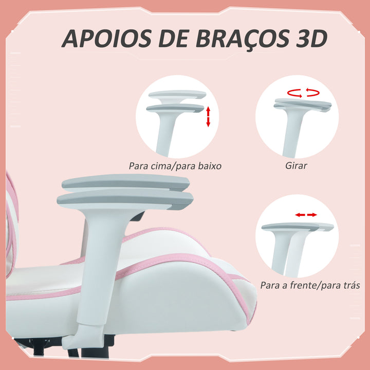 Cadeira Gaming Reclinável Cadeira Gamer Giratória com Almofada Lombar Apoios de Braços Ajustáveis Apoio de Cabeça Basculante e Altura Ajustável para Escritório 67x60x120-128 cm Branco e Rosa