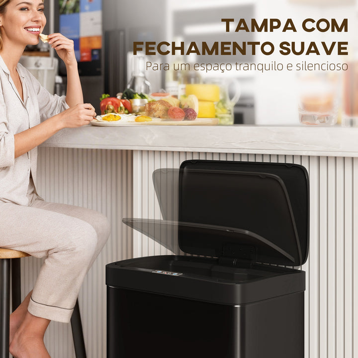 Balde do Lixo de Cozinha Automático 45 L Caixote de Cozinha de Metal com Sensor Infravermelho Fecho Suave Recipiente Interior Removível Anti-impressões Digitais para Escritório Casa 38x25,5x67,5 cm Preto
