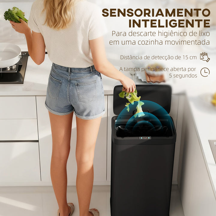 Balde do Lixo de Cozinha Automático 45 L Caixote de Cozinha de Metal com Sensor Infravermelho Fecho Suave Recipiente Interior Removível Anti-impressões Digitais para Escritório Casa 38x25,5x67,5 cm Preto