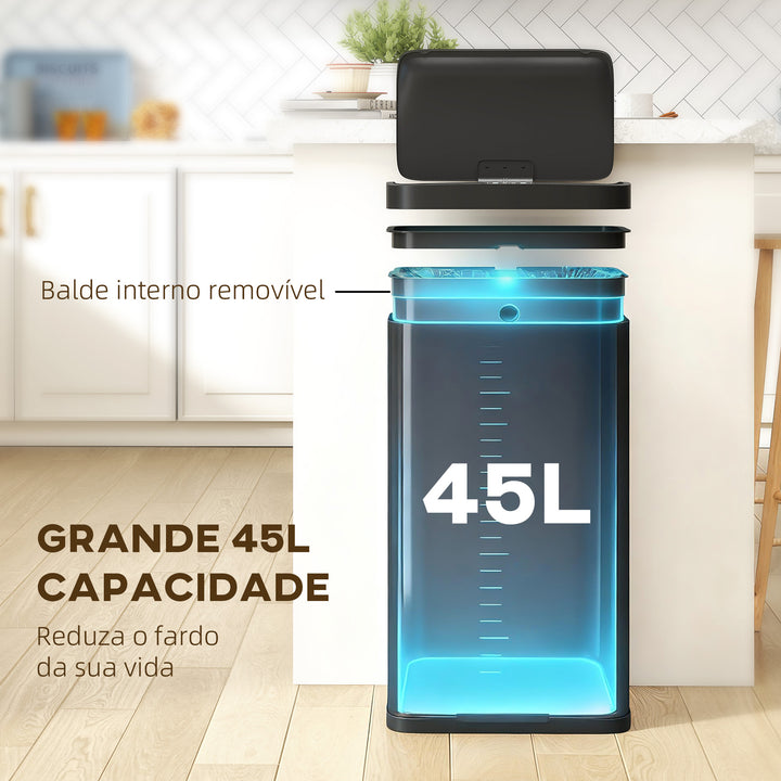 Balde do Lixo de Cozinha Automático 45 L Caixote de Cozinha de Metal com Sensor Infravermelho Fecho Suave Recipiente Interior Removível Anti-impressões Digitais para Escritório Casa 38x25,5x67,5 cm Preto