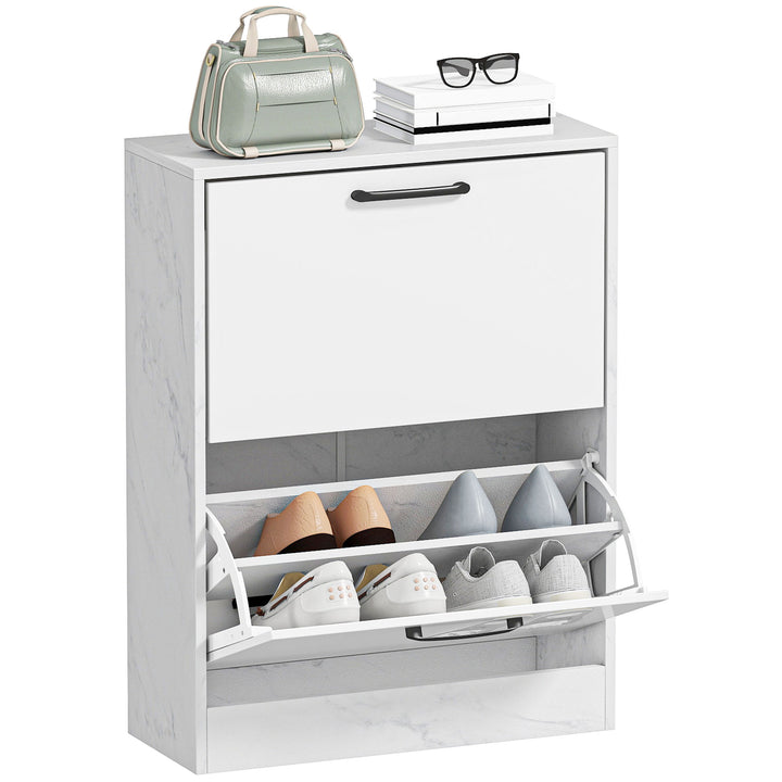 Sapateira Estreita 2 Portas de Alto Brilho Sapateira para Entrada com Prateleiras Ajustáveis Design Mármore para 8 Pares de Sapatos para Corredor Espaços Reduzidos 60x24x80 cm Branco