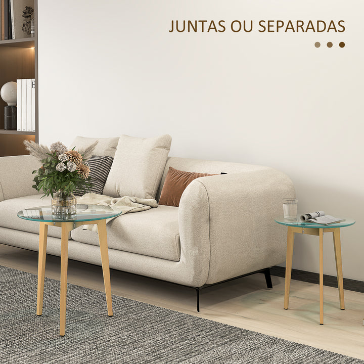 Conjunto de 2 Mesas de Apoio Modernas com Bancada de Vidro Temperado e Estrutura Metálica Mesas de Apoio Ø50x45 cm e Ø40x40 cm Transparente