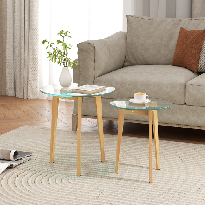 Conjunto de 2 Mesas de Apoio Modernas com Bancada de Vidro Temperado e Estrutura Metálica Mesas de Apoio Ø50x45 cm e Ø40x40 cm Transparente