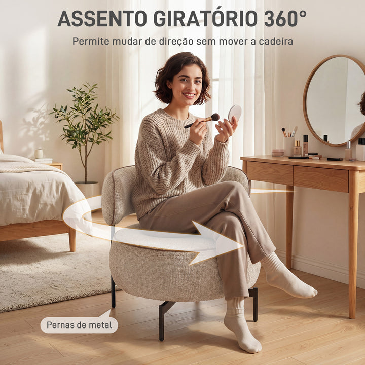 Poltrona de Sala com Assento Rotativo Poltrona de Sala Revestida em Tecido Linho com Assento Amplo Acolchoado Espesso Pés de Metal para Quarto Leitura Bege