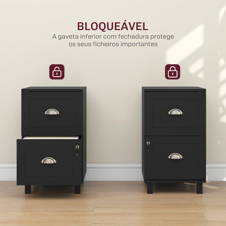 Bloco de Gavetas para Escritório Móvel Arquivador com 2 Gavetas para Escritório com Fechadura e Barras para Documentos A4 e Carta 40x41,5x67,5 cm Preto