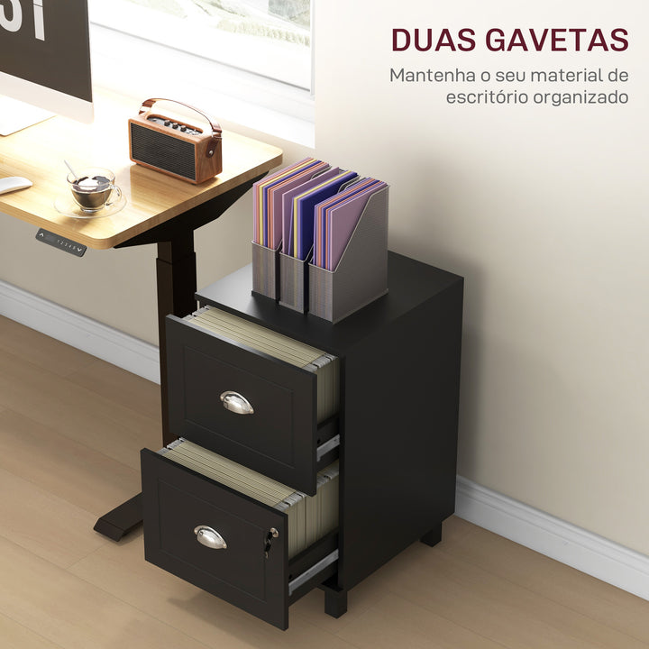 Bloco de Gavetas para Escritório Móvel Arquivador com 2 Gavetas para Escritório com Fechadura e Barras para Documentos A4 e Carta 40x41,5x67,5 cm Preto