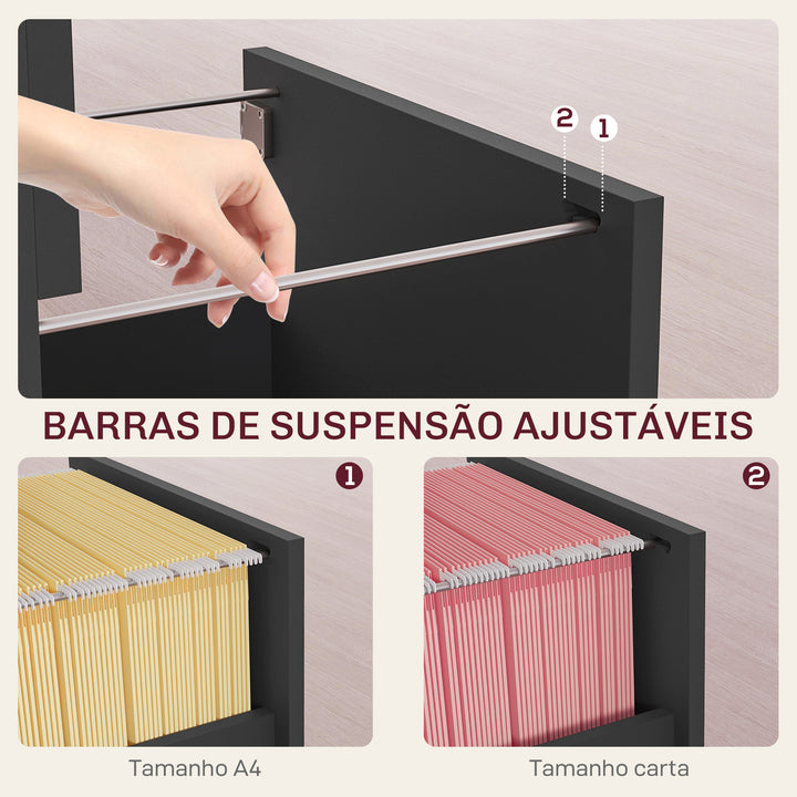 Bloco de Gavetas para Escritório Móvel Arquivador com 2 Gavetas para Escritório com Fechadura e Barras para Documentos A4 e Carta 40x41,5x67,5 cm Preto