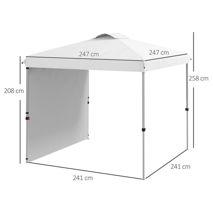 Tenda Dobrável 247x247x268 cm Altura Ajustável Tenda de Jardim com 1 Parede Lateral Teto com Ventilação e Bolsa de Transporte para Acampamento Festas Branco