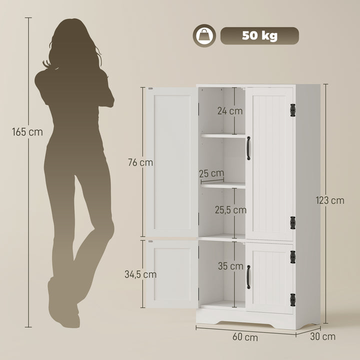 Armário de Cozinha Armário de Cozinha Alto Móvel Auxiliar com 4 Portas e Prateleiras Ajustáveis para Sala de Estar 60x30x123 cm Branco