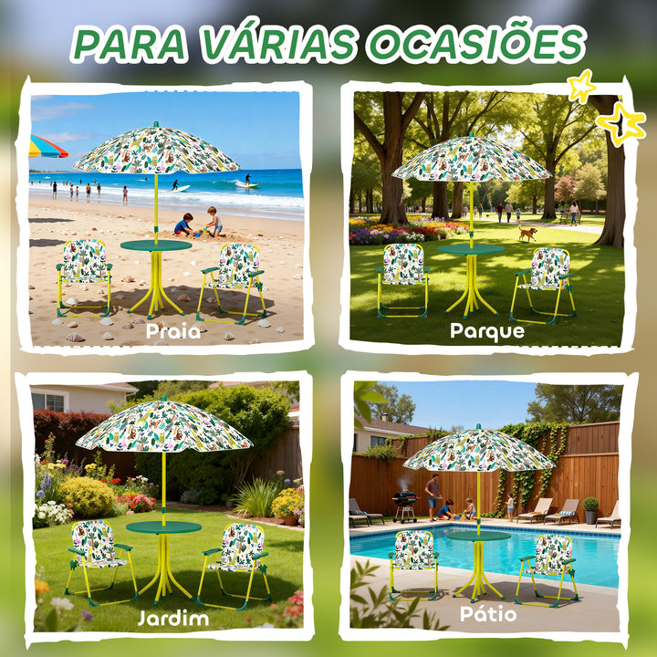 Conjunto Infantil de Mesa e Cadeiras de Jardim de 4 Peças Mesa com Cadeiras Dobráveis Chapéu de Sol Desmontável Design de Selva para Jardim Piquenique Verde