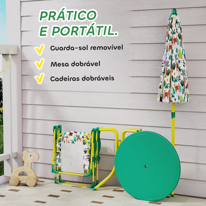 Conjunto Infantil de Mesa e Cadeiras de Jardim de 4 Peças Mesa com Cadeiras Dobráveis Chapéu de Sol Desmontável Design de Selva para Jardim Piquenique Verde