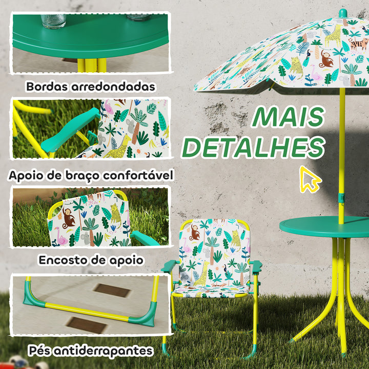 Conjunto Infantil de Mesa e Cadeiras de Jardim de 4 Peças Mesa com Cadeiras Dobráveis Chapéu de Sol Desmontável Design de Selva para Jardim Piquenique Verde