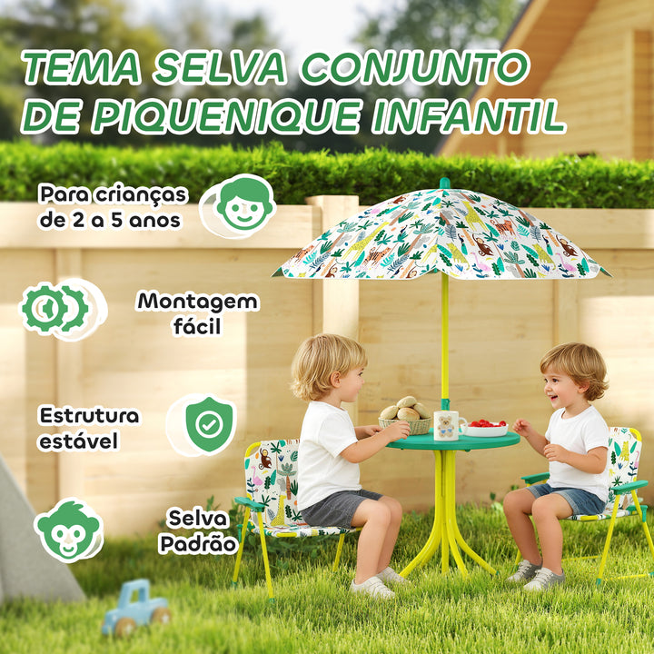 Conjunto Infantil de Mesa e Cadeiras de Jardim de 4 Peças Mesa com Cadeiras Dobráveis Chapéu de Sol Desmontável Design de Selva para Jardim Piquenique Verde