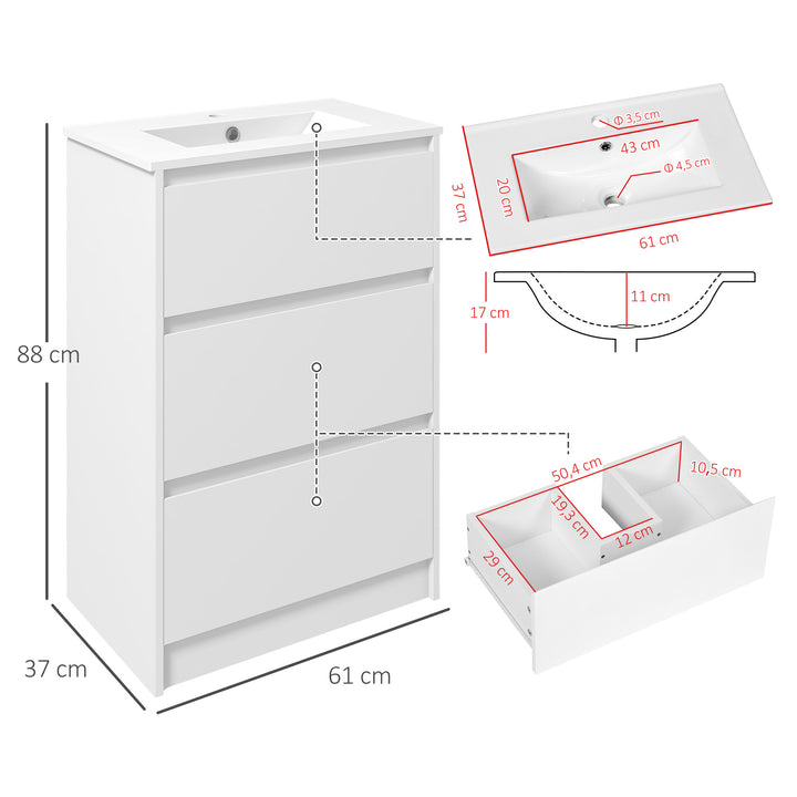 Móvel de Casa de Banho com Lavatório Armário Casa de Banho de Cerâmica Sintética com 2 Gavetas 61x37x88 cm Branco Brilhante