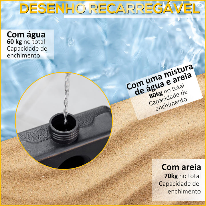 Conjunto de Pesos para Base de Chapéu de Sol de 4 Peças Base para Chapéu de Sol Quadrado Preenchível 60 kg de Água 70 kg de Areia ou 80 kg Mixto para Base Cruzada Preto