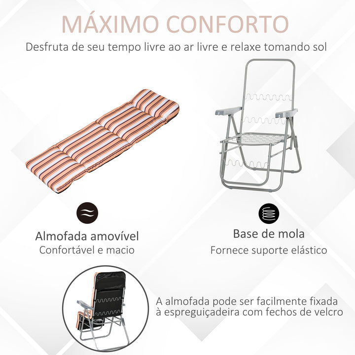 2 Espreguiçadeiras de Jardim Dobráveis Espreguiçadeiras de Aço com Almofada Acolchoada Encosto Ajustável em 5 Posições e Apoio para os Pés 60x75x65-102cm Laranja e Branco
